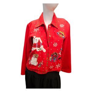 New Directions Wool Blend Red Christmas Jacket Womens Size Medium Holidays